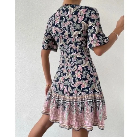 Boho navy Floral Paisley Print Butterfly Sleeve Mini Dress - Picture 12 of 12